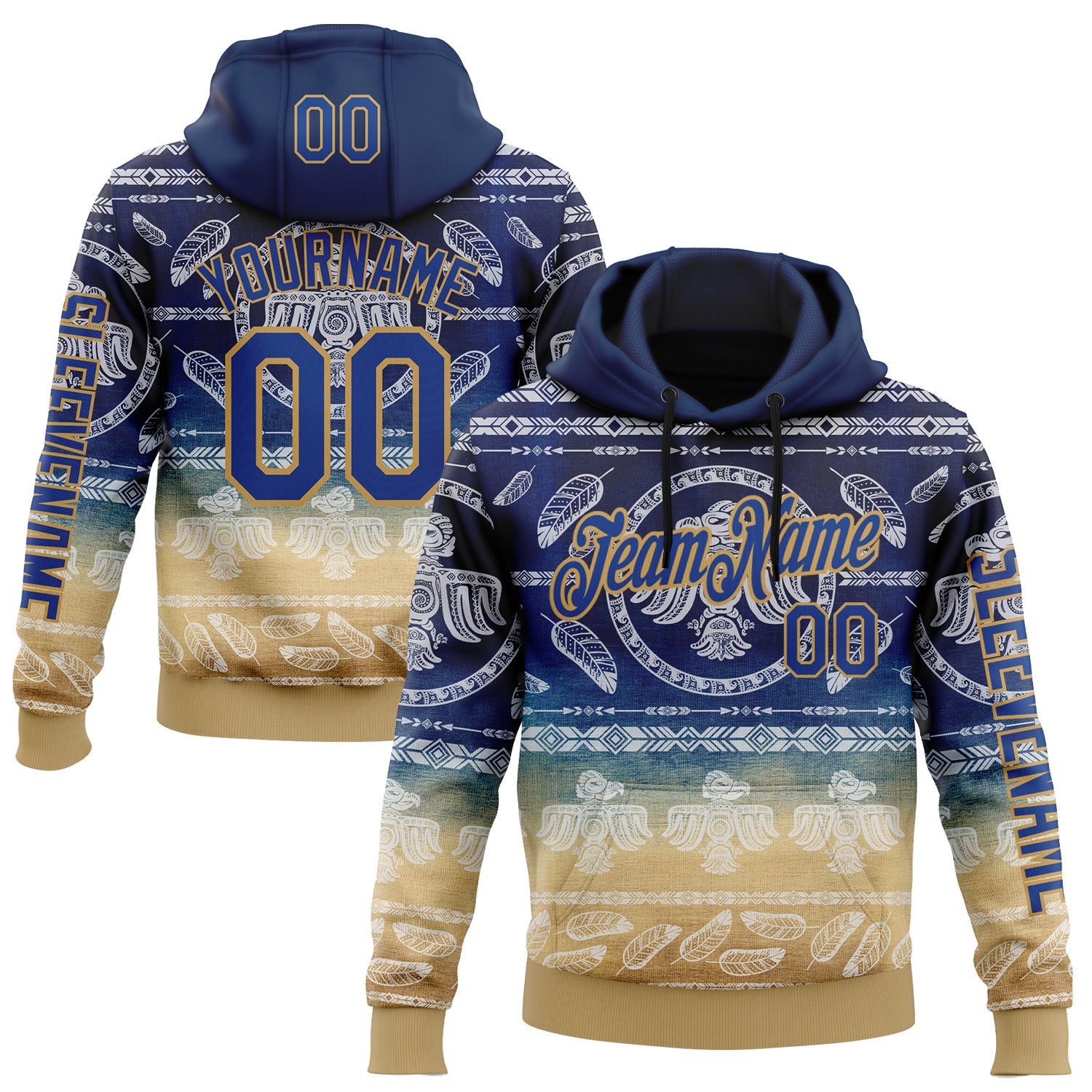 Custom Blue Royal-Old Gold 3D Pattern Design Ethnic Tribal Sportswear Pullover Sweatshirt Hoodie