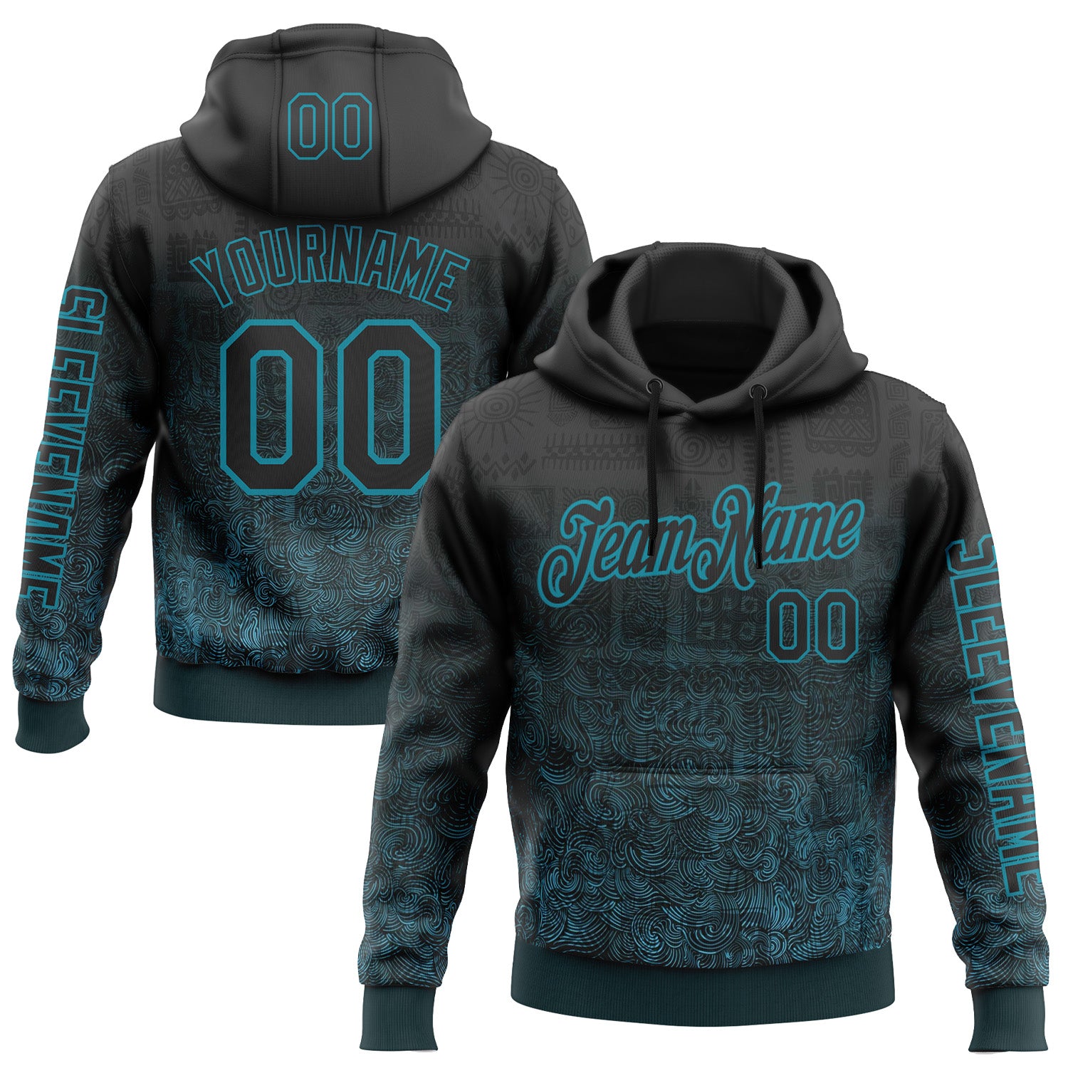 Custom Black Teal 3D Pattern Design Ethnic Tribal Sportswear Pullover Sweatshirt Hoodie