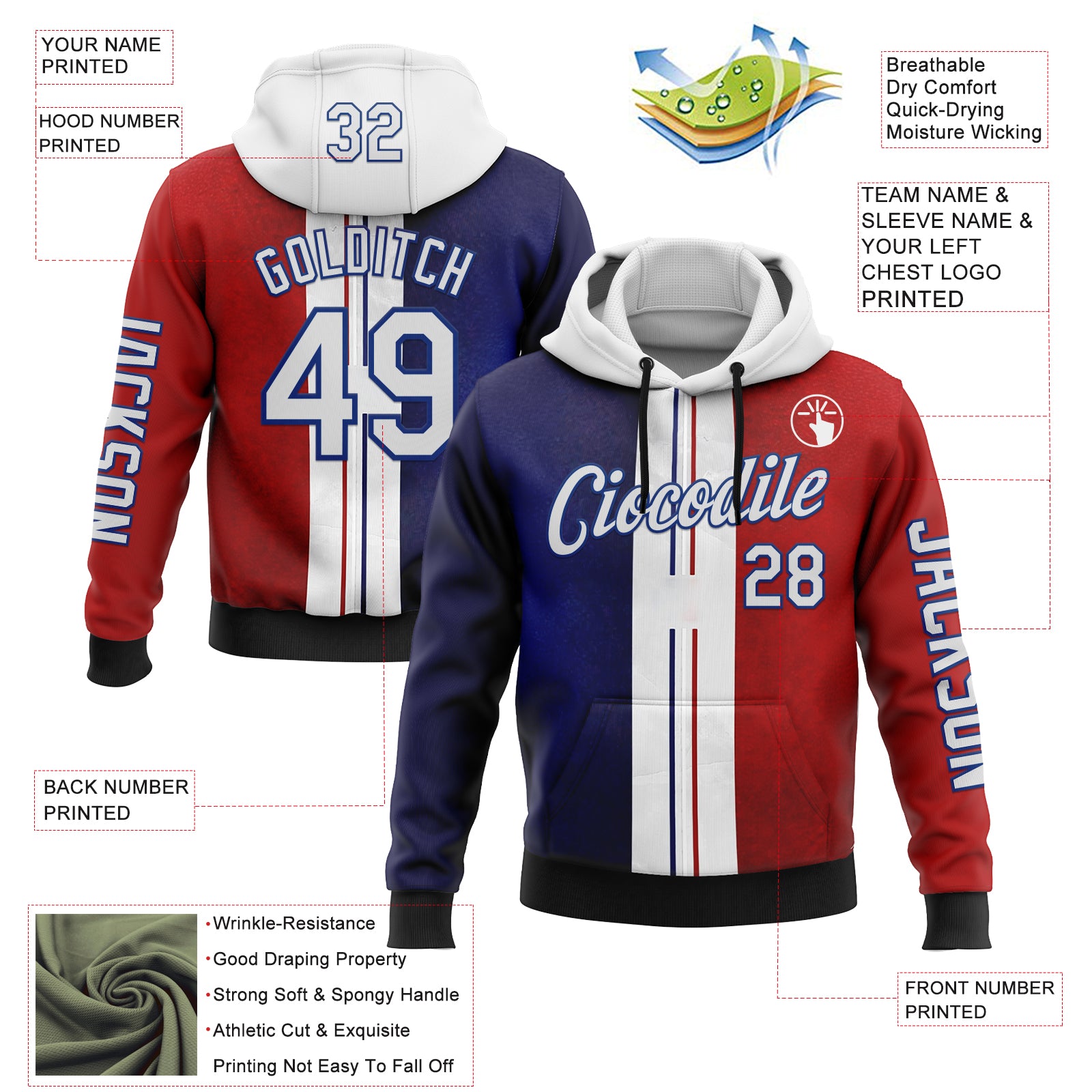 Custom Red White Blue-Royal 3D Pattern Design France Inspired Sports Pullover Sweatshirt Hoodie