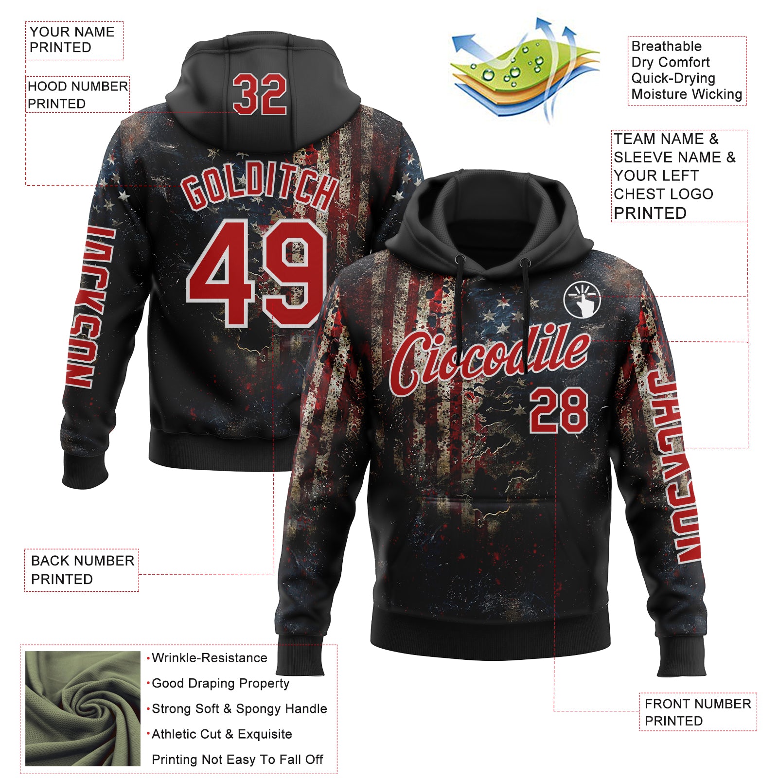 Custom Black Red-White 3D American Flag Sports Pullover Sweatshirt Hoodie