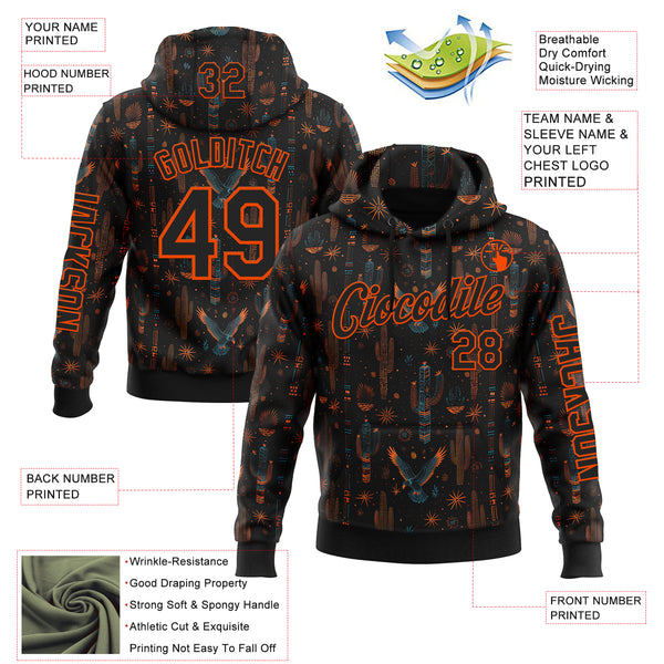 Custom Black Orange 3D Pattern Design Western Cowboy Tribal Ethnic Sports Pullover Sweatshirt Hoodie