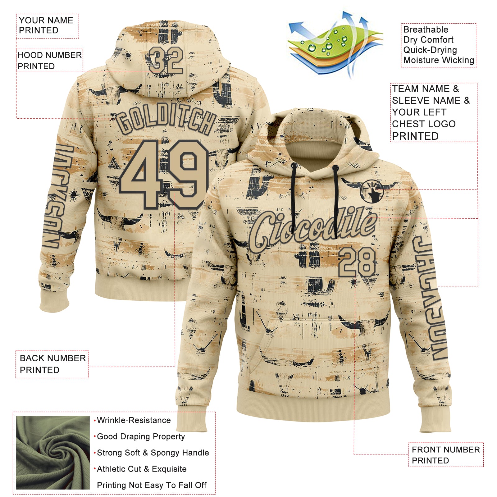 Custom Cream Vegas Gold-Black 3D Pattern Design Western Cowboy Tribal Ethnic Sports Pullover Sweatshirt Hoodie