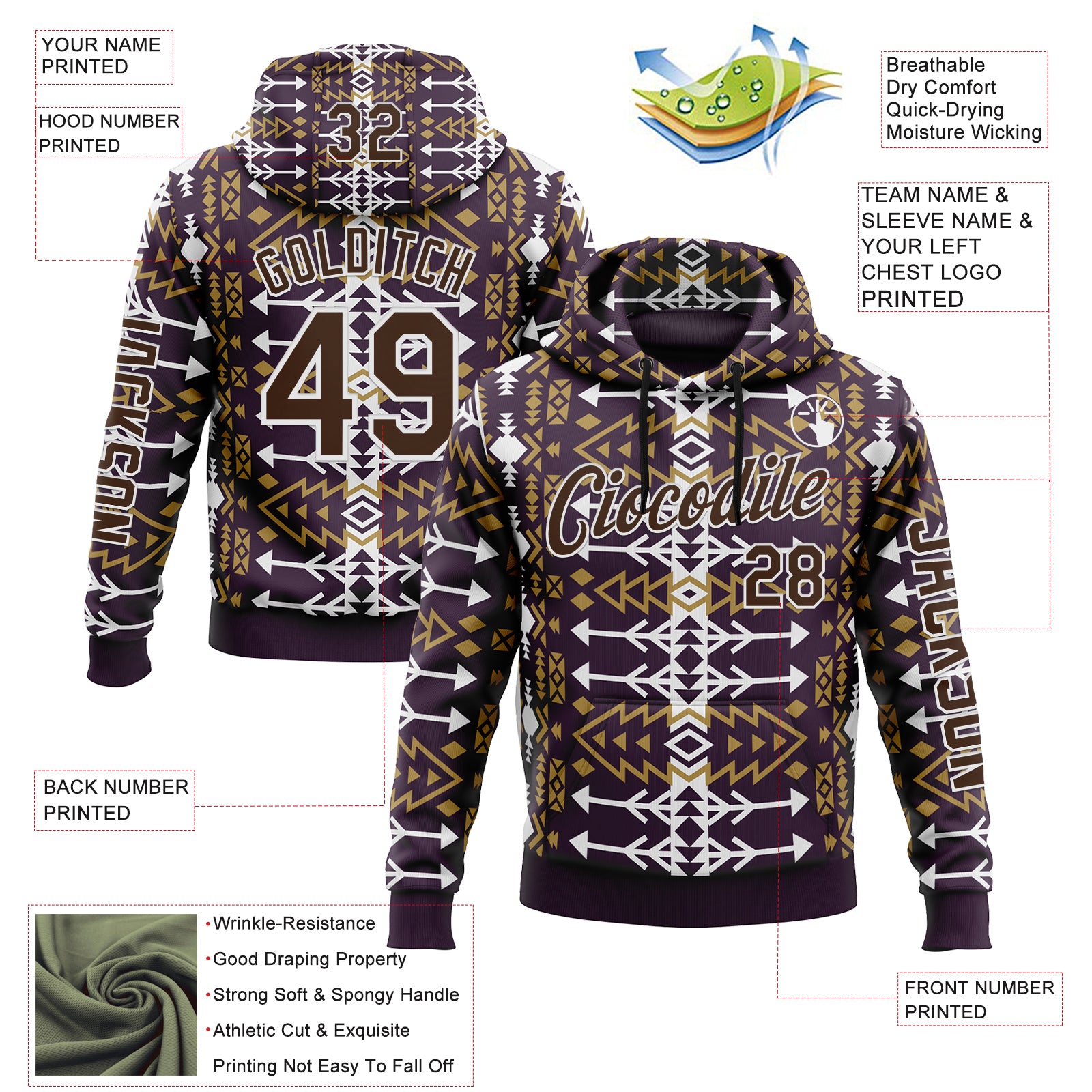 Custom Purple Brown-White 3D Pattern Design Western Cowboy Tribal Ethnic Sports Pullover Sweatshirt Hoodie