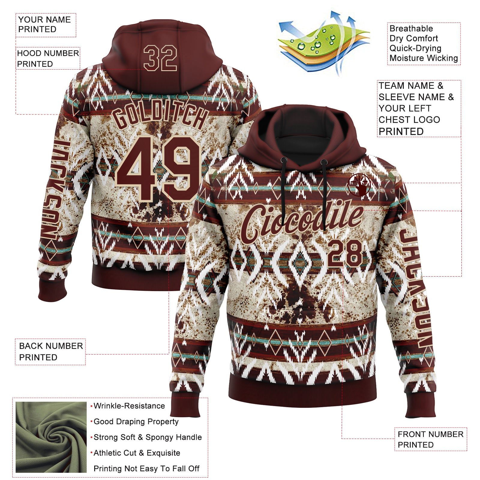 Custom Crimson City Cream 3D Pattern Design Western Cowboy Tribal Ethnic Sports Pullover Sweatshirt Hoodie