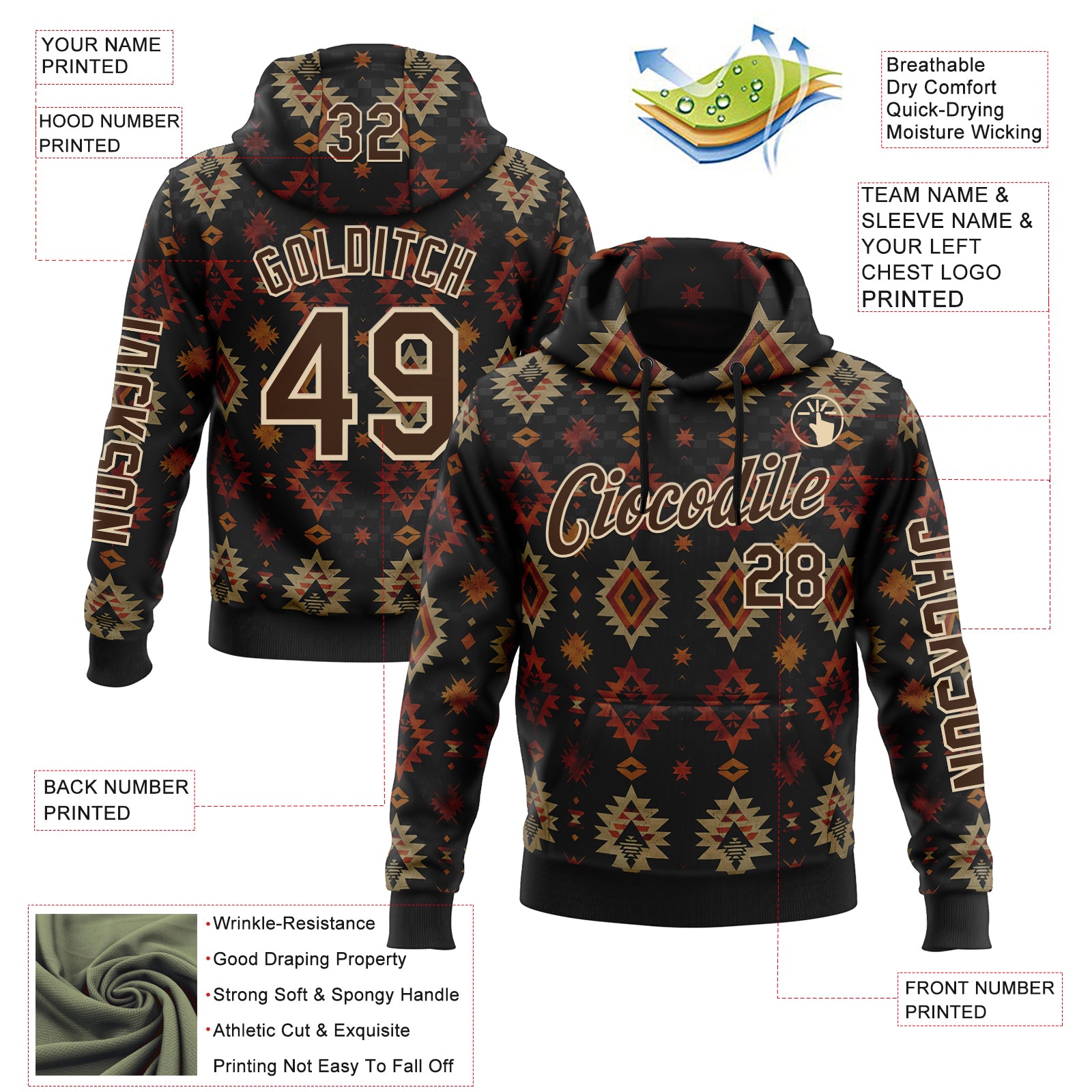 Custom Black Brown-City Cream 3D Pattern Design Western Cowboy Tribal Ethnic Sports Pullover Sweatshirt Hoodie