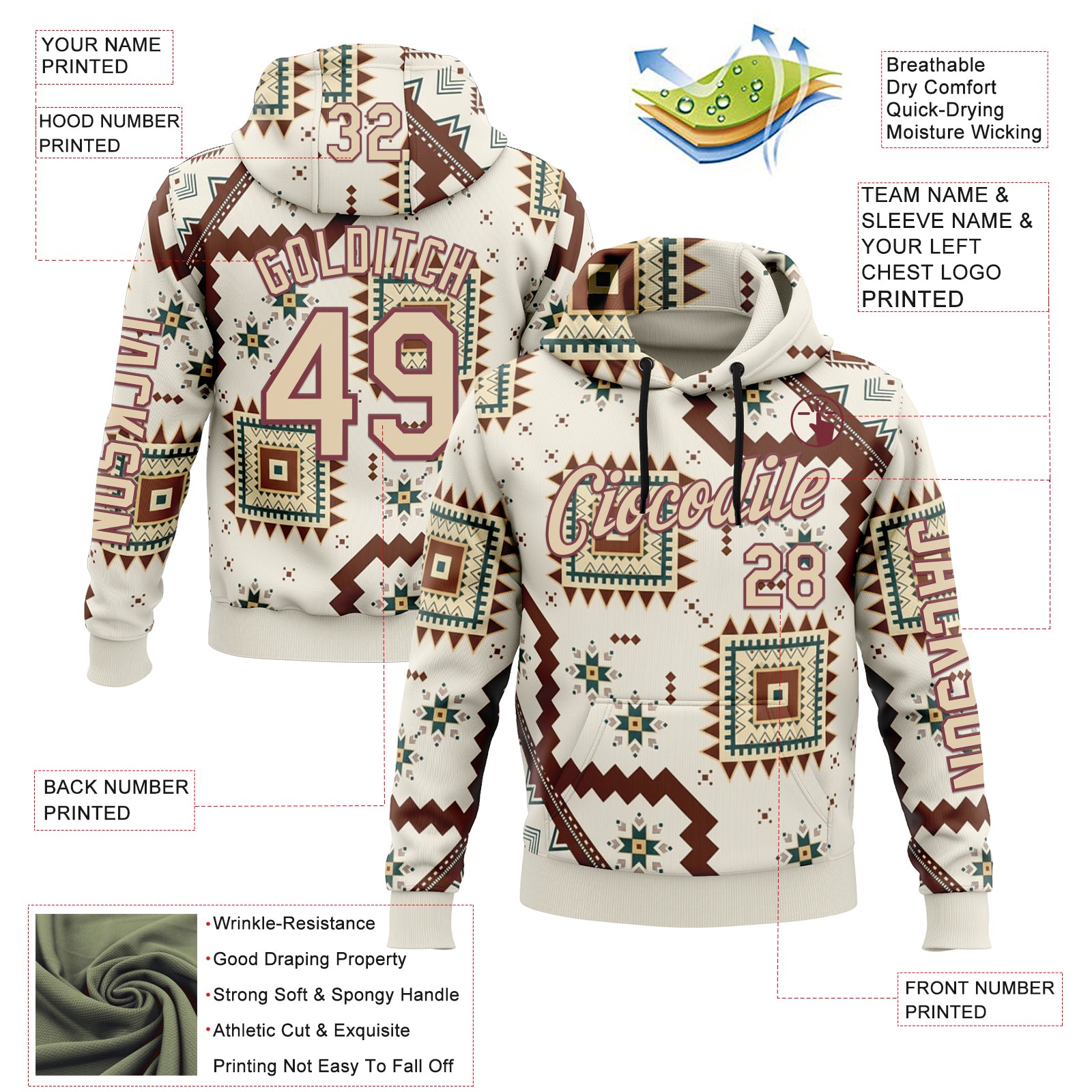 Custom White City Cream-Burgundy 3D Pattern Design Western Cowboy Tribal Ethnic Sports Pullover Sweatshirt Hoodie