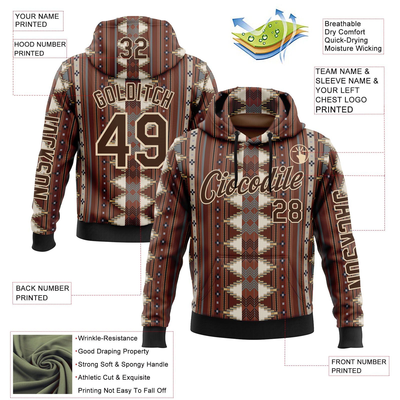 Custom Brown City Cream-Black 3D Pattern Design Western Cowboy Tribal Ethnic Sports Pullover Sweatshirt Hoodie