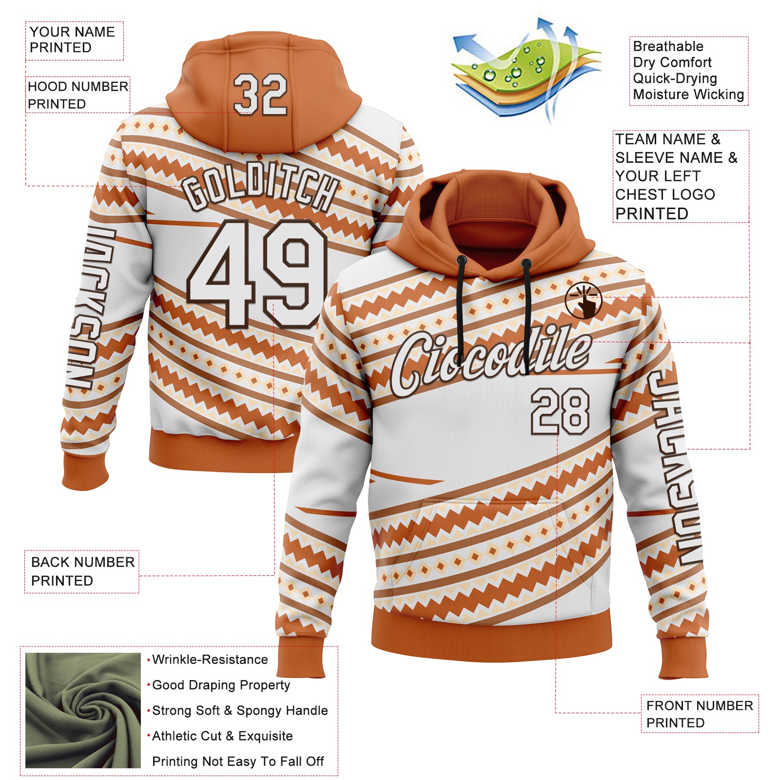 Custom White Orange-Brown 3D Pattern Design Western Cowboy Tribal Ethnic Sports Pullover Sweatshirt Hoodie