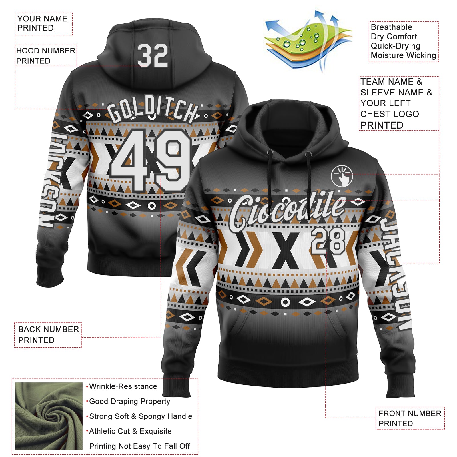 Custom Black White-Gray 3D Pattern Design Western Cowboy Tribal Ethnic Sports Pullover Sweatshirt Hoodie