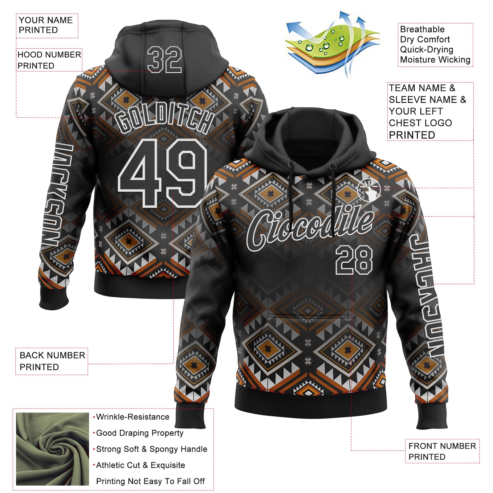 Custom Black White 3D Pattern Design Western Cowboy Tribal Ethnic Sports Pullover Sweatshirt Hoodie