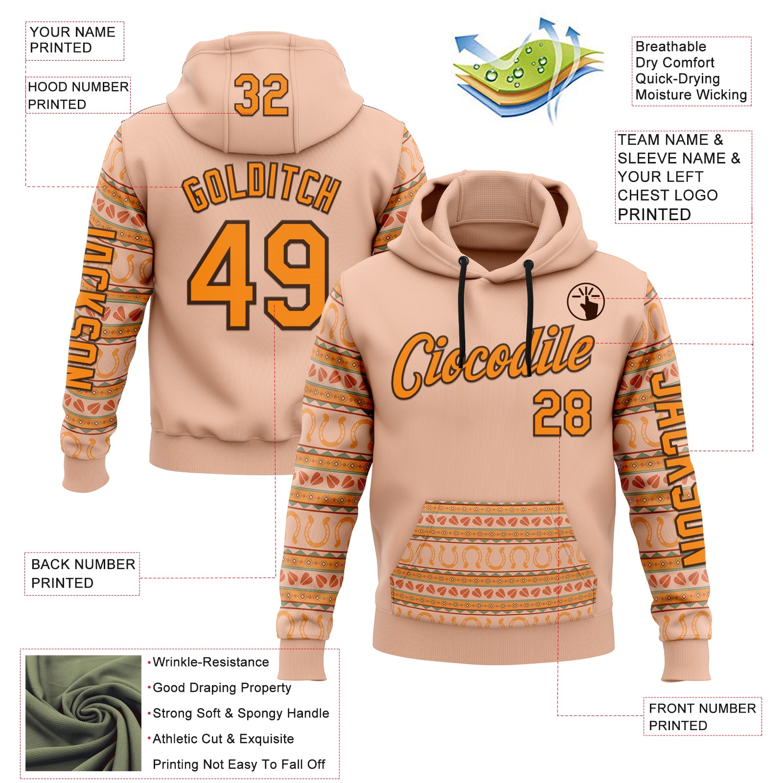 Custom Pink Bay Orange-Brown 3D Pattern Design Western Cowboy Tribal Ethnic Sports Pullover Sweatshirt Hoodie