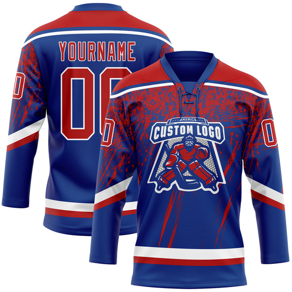 Custom Royal Red-White 3D Splash Hockey Lace Neck Jersey