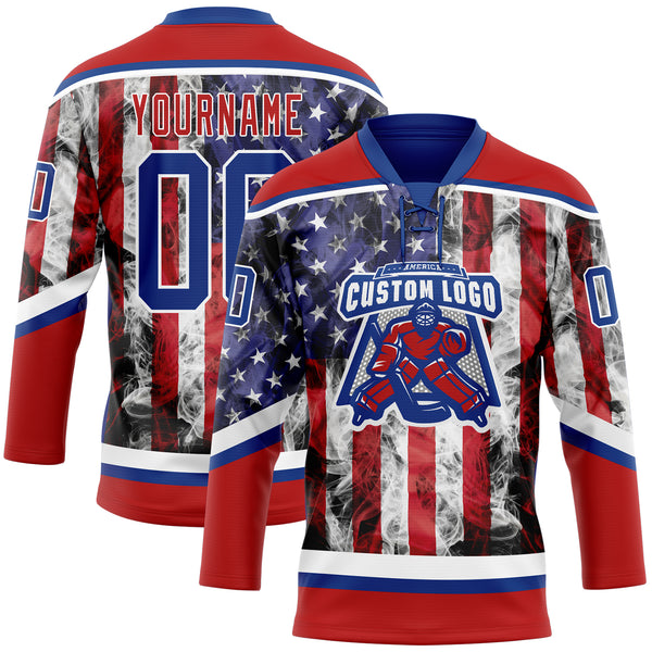 Custom Red Royal-White 3D American Flag Hockey Lace Neck Jersey