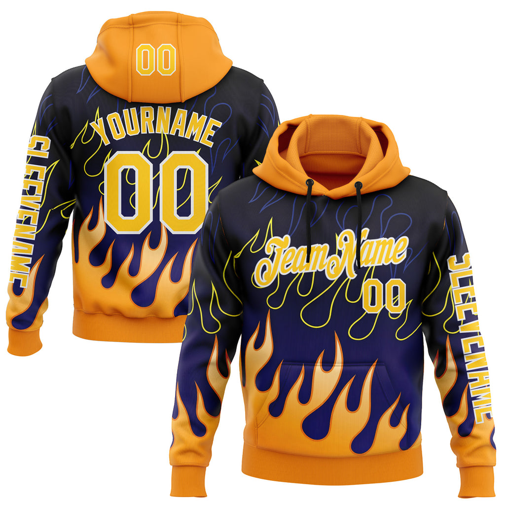 Custom Blue Yellow-White 3D Abstract Flame Sports Pullover Sweatshirt Hoodie