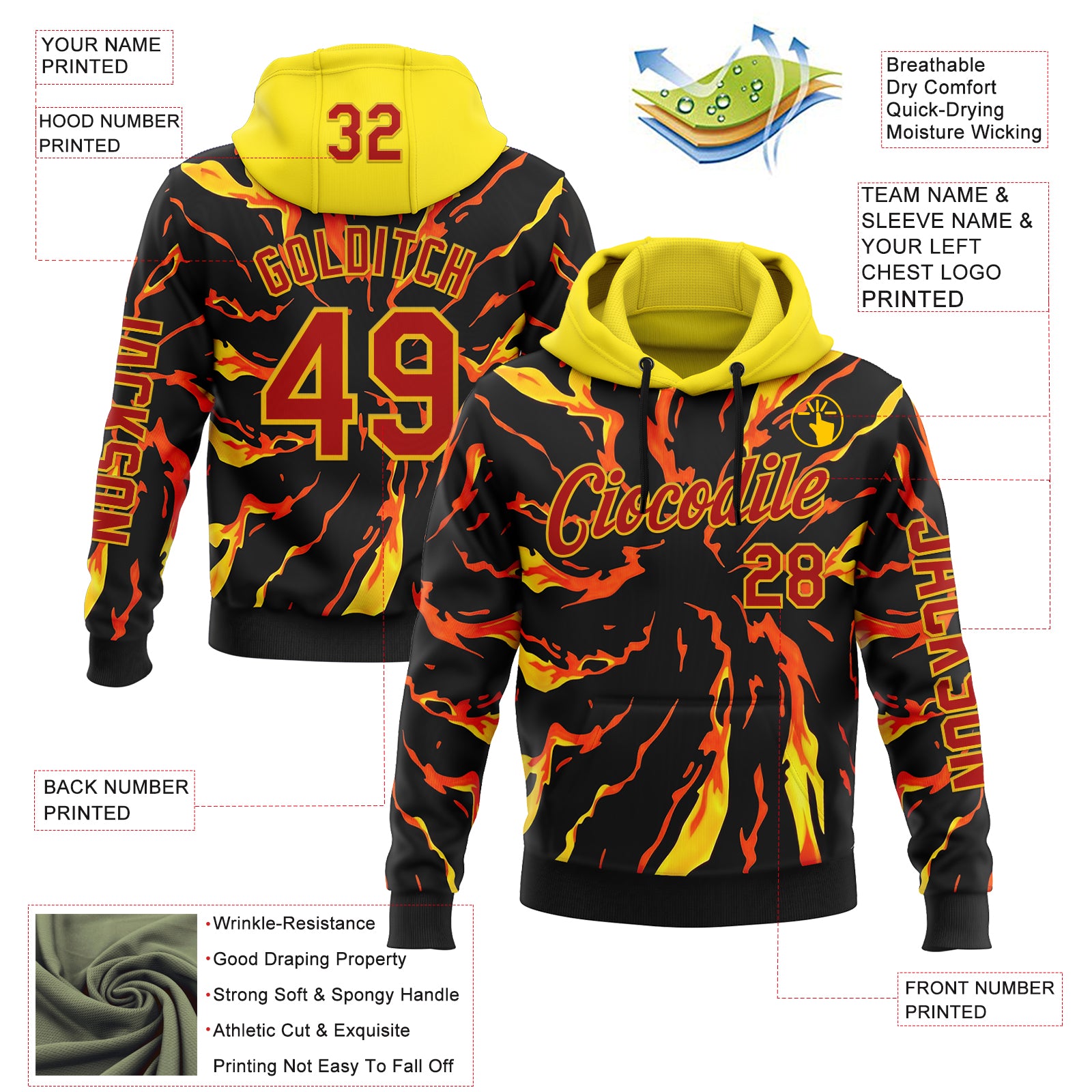 Custom Black Red-Yellow 3D Abstract Flame Sports Pullover Sweatshirt Hoodie