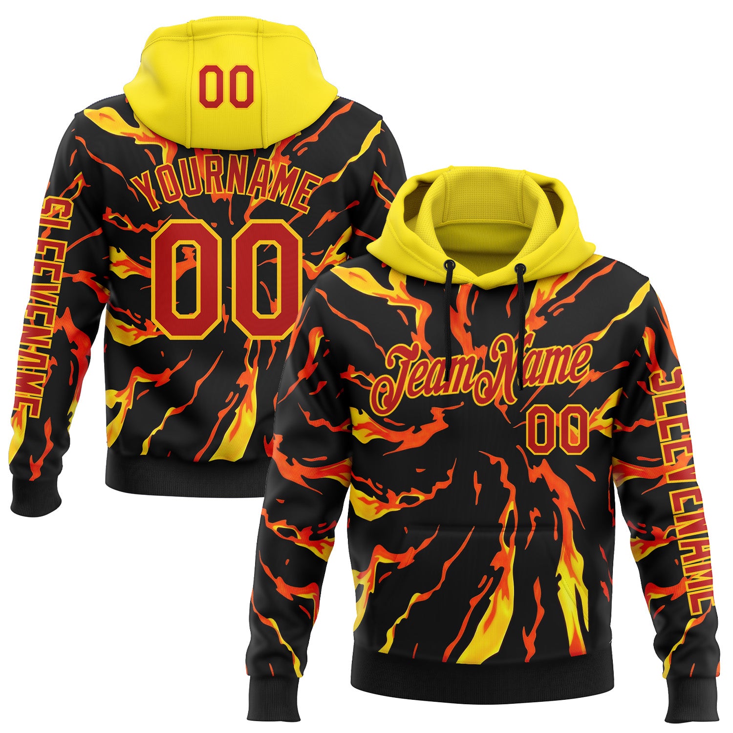 Custom Black Red-Yellow 3D Abstract Flame Sports Pullover Sweatshirt Hoodie