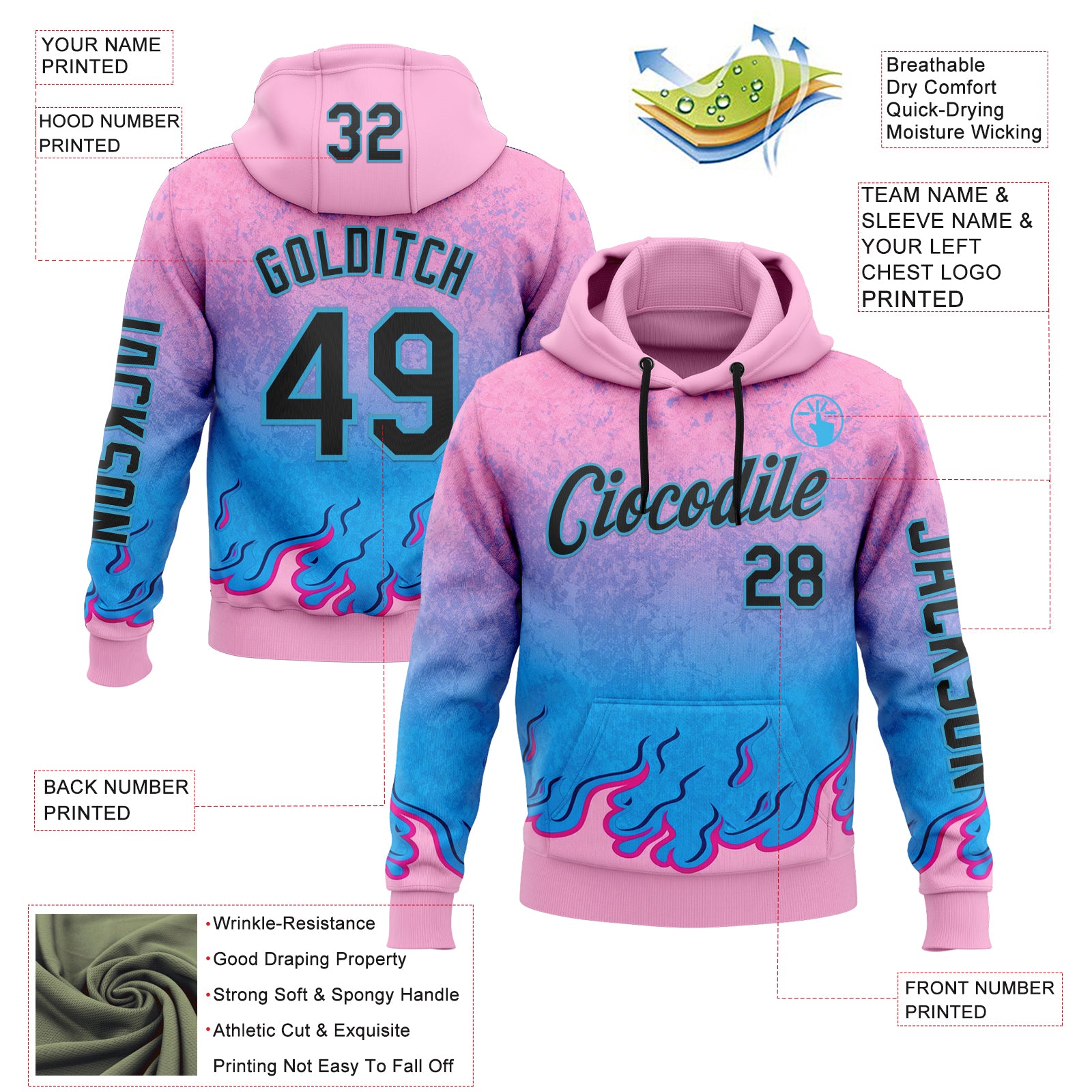Custom Pink Black-Sky Blue 3D Abstract Flame Sports Pullover Sweatshirt Hoodie
