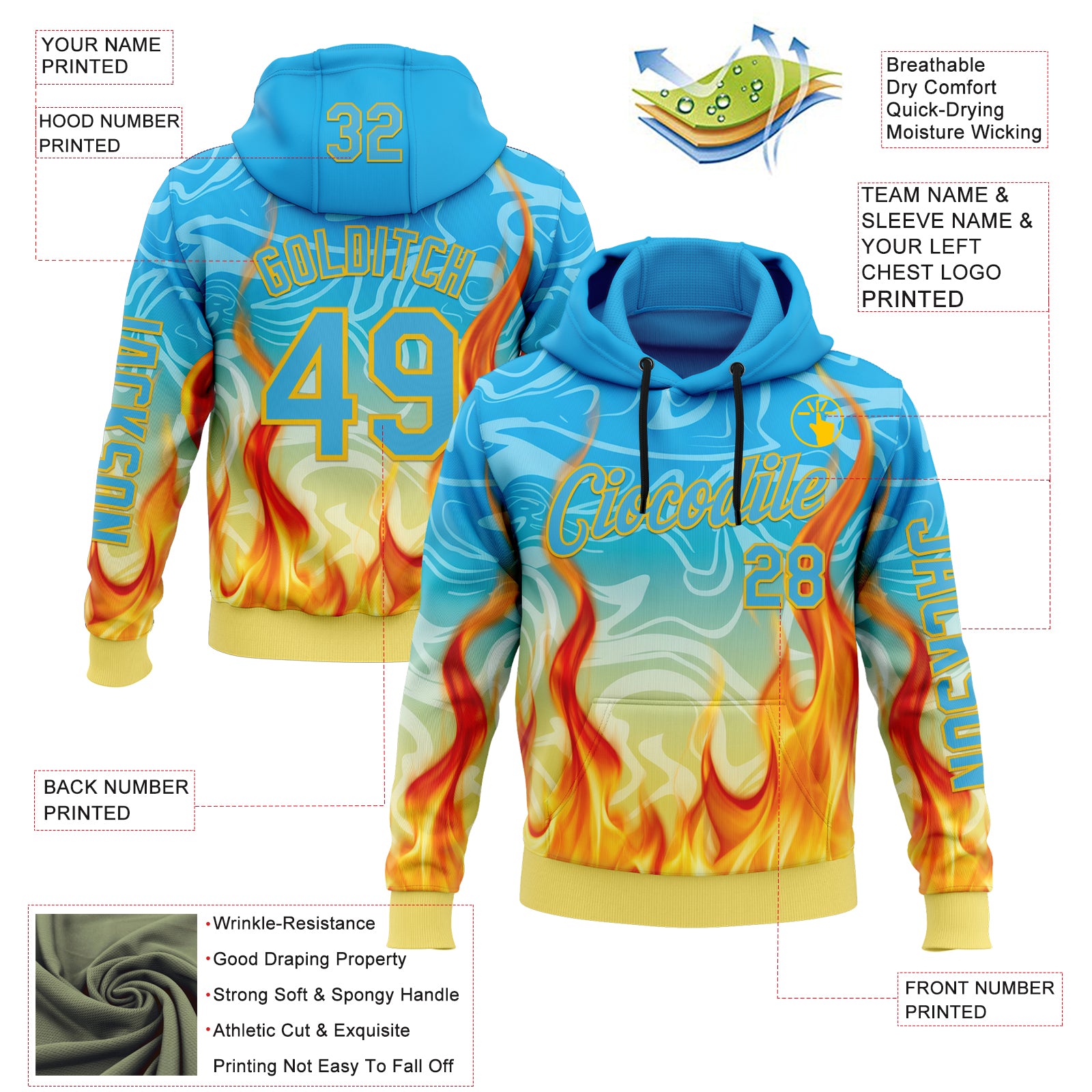 Custom Blue Sky Blue-Yellow 3D Abstract Flame Sports Pullover Sweatshirt Hoodie
