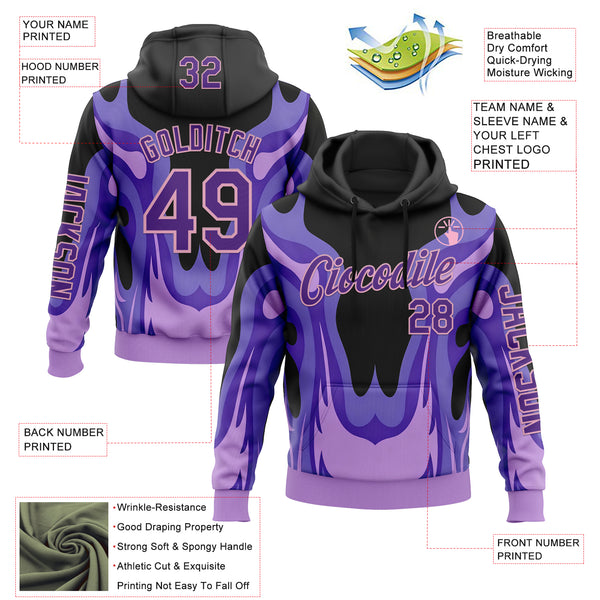 Custom Black Purple-Light Pink 3D Abstract Flame Sports Pullover Sweatshirt Hoodie
