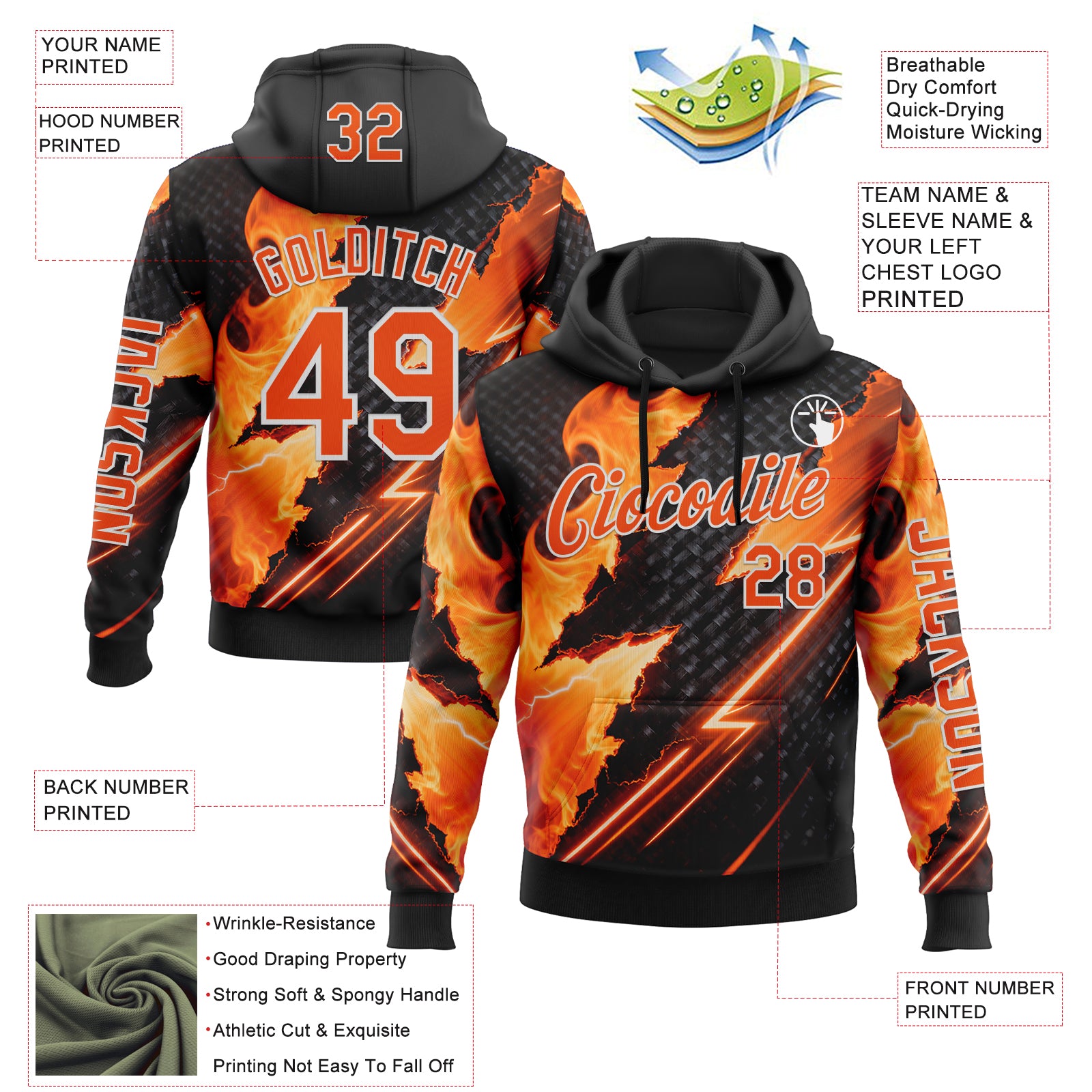 Custom Black Orange-White 3D Abstract Flame Sports Pullover Sweatshirt Hoodie