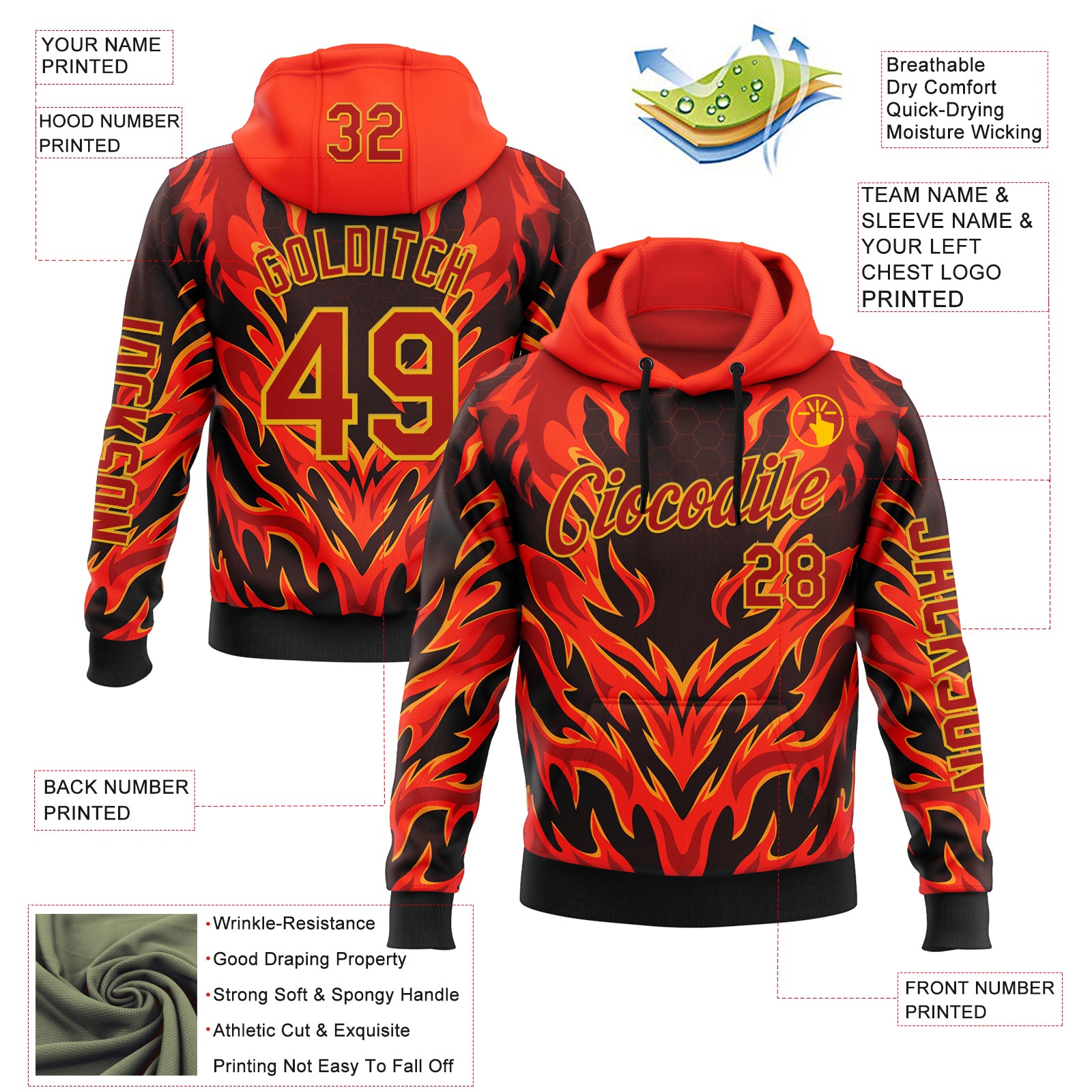 Custom Red Black-Yellow 3D Abstract Flame Sports Pullover Sweatshirt Hoodie