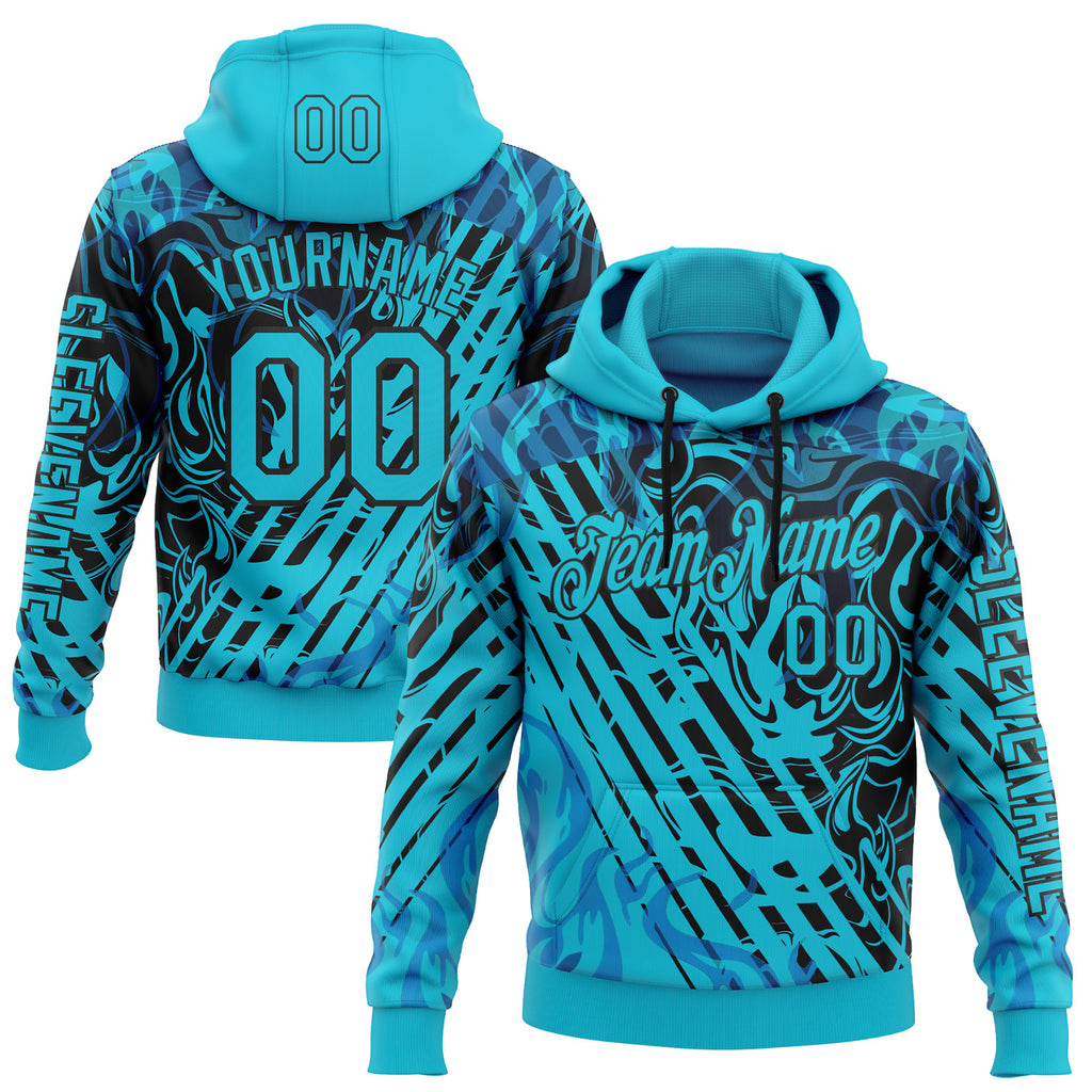 Custom Lakes Blue Black 3D Abstract Flame Sports Pullover Sweatshirt Hoodie
