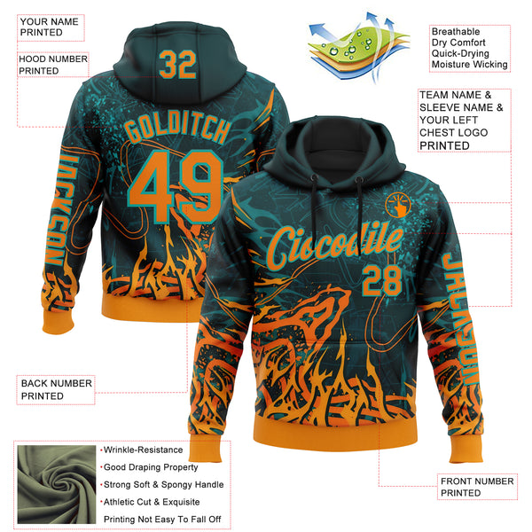 Custom Green Bay Orange-Aqua 3D Abstract Flame Sports Pullover Sweatshirt Hoodie