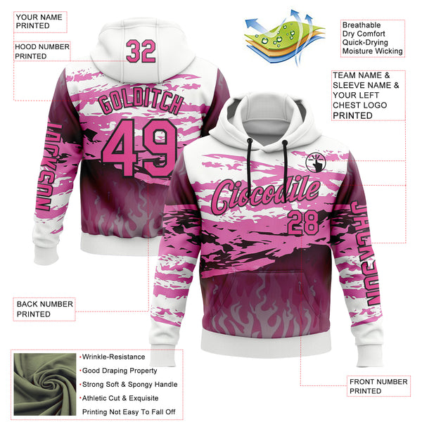 Custom White Pink-Black 3D Abstract Flame Sports Pullover Sweatshirt Hoodie