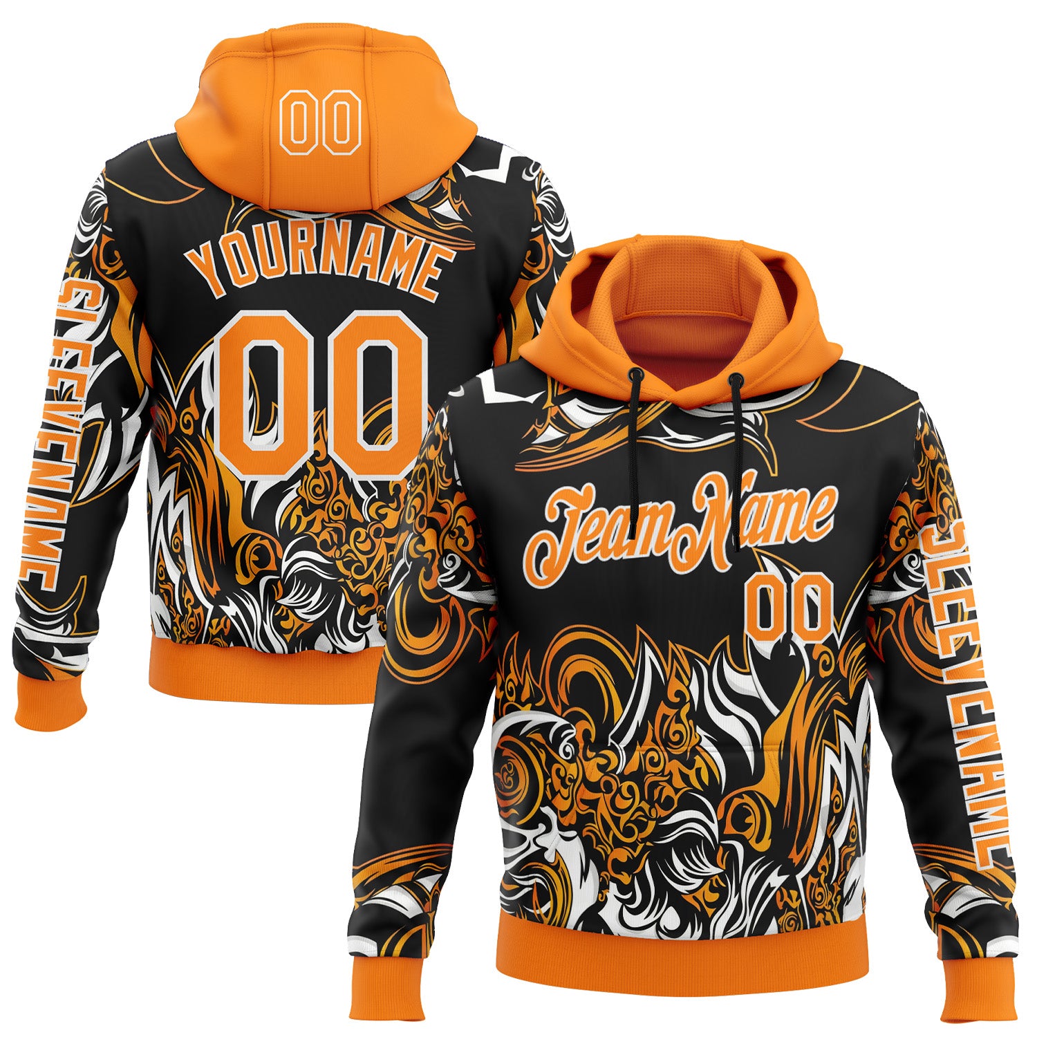 Custom Black Bay Orange-White 3D Abstract Flame Sports Pullover Sweatshirt Hoodie