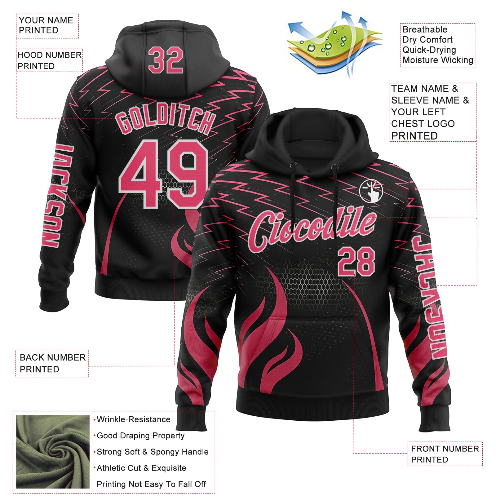 Custom Black Neon Pink-White 3D Abstract Flame Sports Pullover Sweatshirt Hoodie