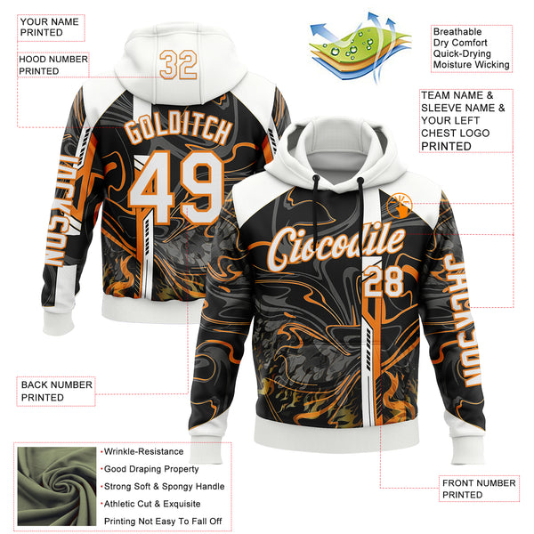 Custom Black White-Bay Orange 3D Abstract Flame Sports Pullover Sweatshirt Hoodie