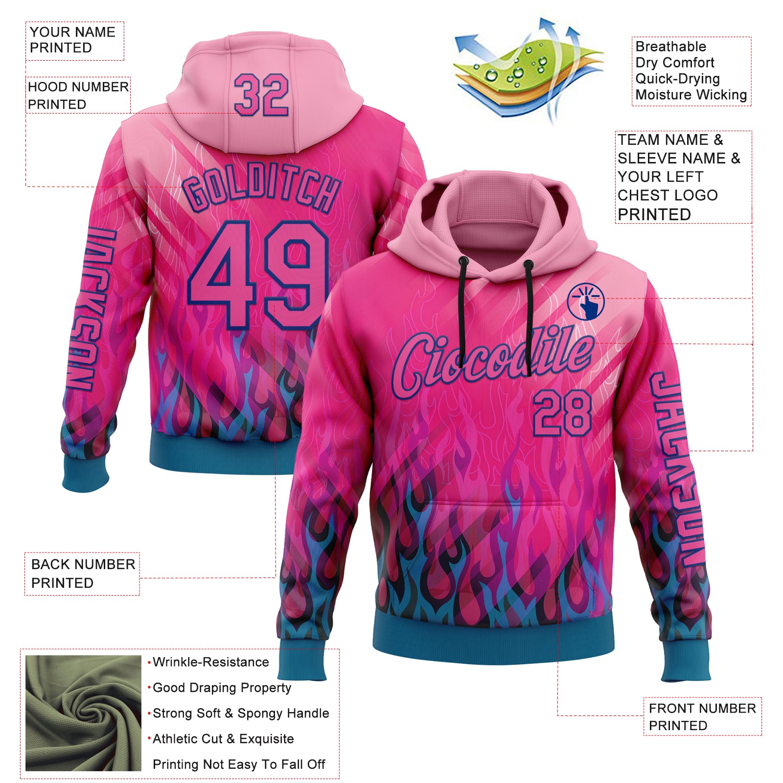 Custom Pink Blue-Royal 3D Abstract Flame Sports Pullover Sweatshirt Hoodie