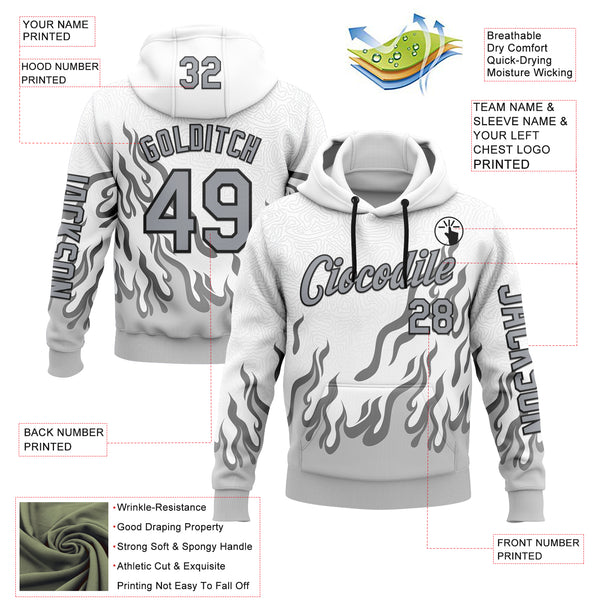 Custom White Gray-Black 3D Abstract Flame Sports Pullover Sweatshirt Hoodie