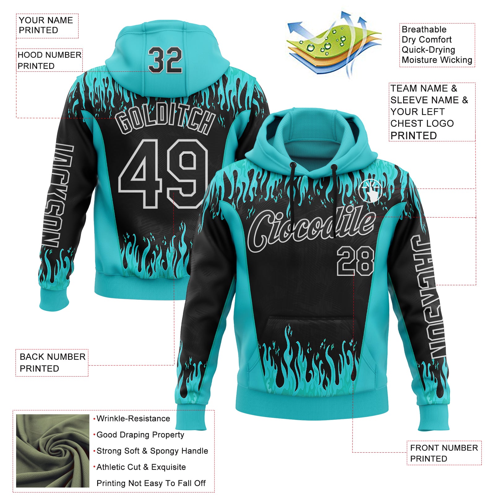 Custom Blue Black-White 3D Abstract Flame Sports Pullover Sweatshirt Hoodie