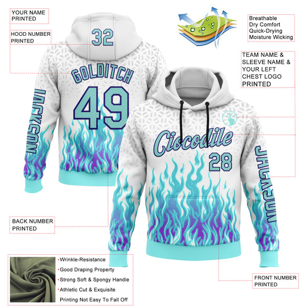 Custom White Ice Blue-Dark Purple 3D Abstract Flame Sports Pullover Sweatshirt Hoodie