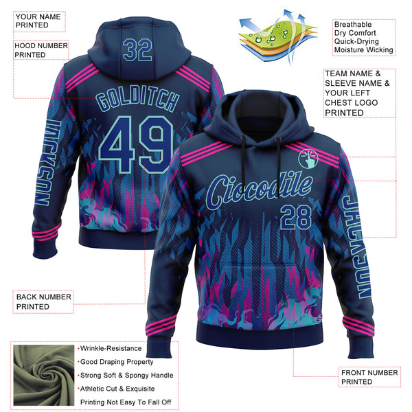 Custom Blue Royal Pink-Ice Blue 3D Abstract Flame Sports Pullover Sweatshirt Hoodie