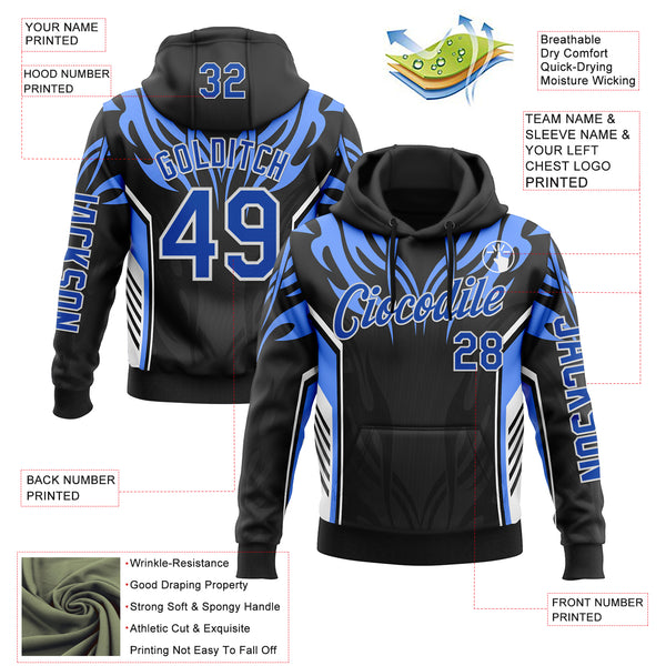 Custom Black Thunder Blue-White 3D Abstract Flame Sports Pullover Sweatshirt Hoodie