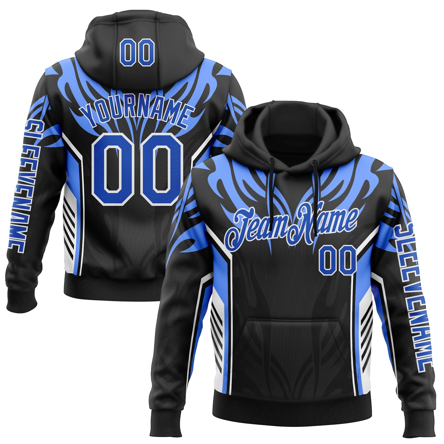 Custom Black Thunder Blue-White 3D Abstract Flame Sports Pullover Sweatshirt Hoodie