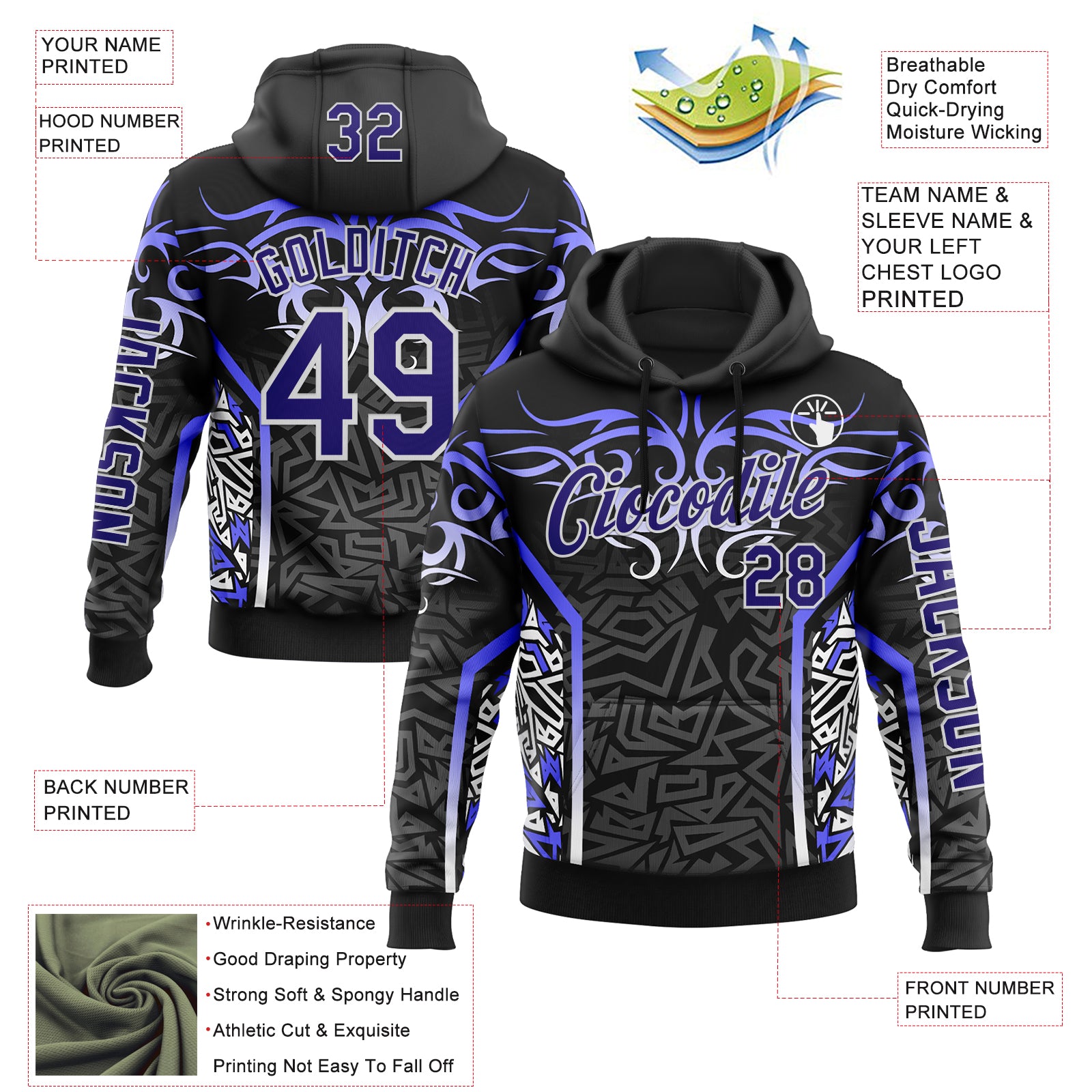 Custom Black Dark Purple Gray-White 3D Abstract Flame Sports Pullover Sweatshirt Hoodie