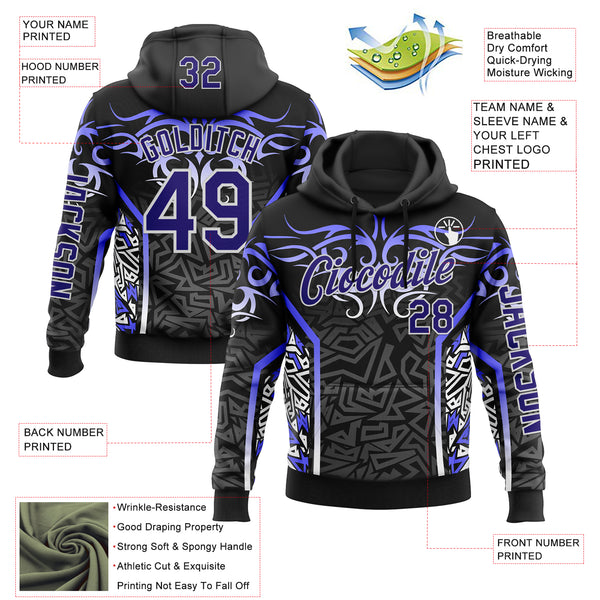 Custom Black Dark Purple Gray-White 3D Abstract Flame Sports Pullover Sweatshirt Hoodie