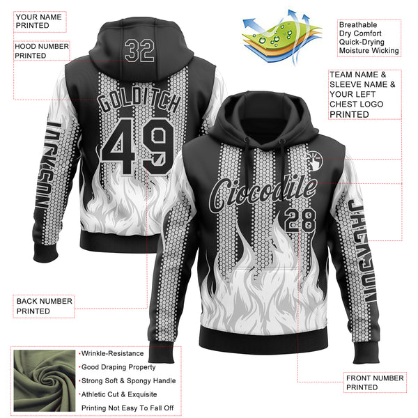 Custom Black White 3D Abstract Flame Sports Pullover Sweatshirt Hoodie