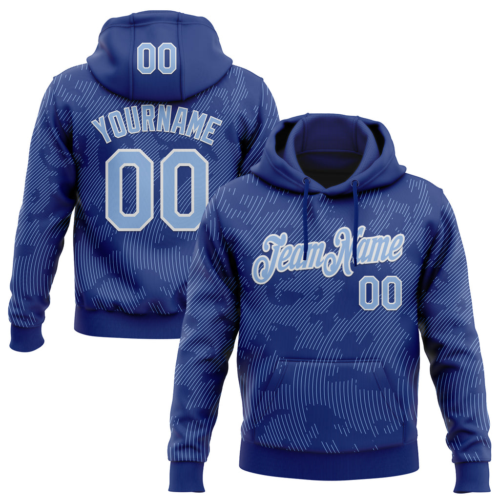 Custom Stitched Royal Light Blue-White 3D Pattern Design Curve Lines Sports Pullover Sweatshirt Hoodie