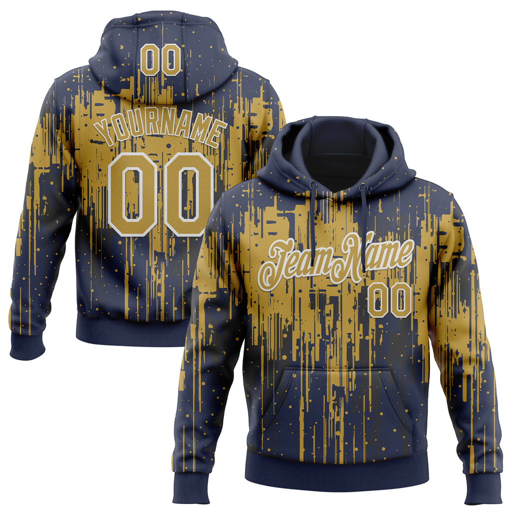 Custom Stitched Navy Old Gold-White 3D Pattern Design Dripping Splatter Sports Pullover Sweatshirt Hoodie