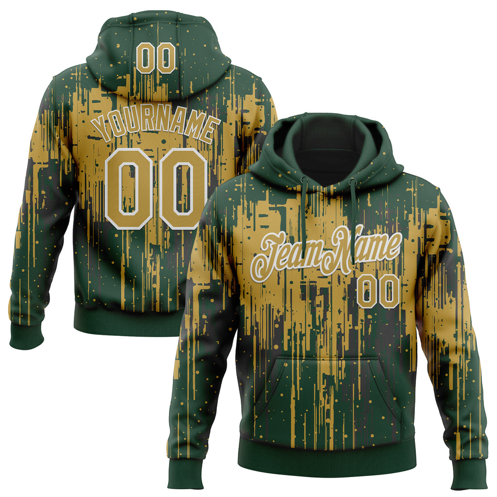Custom Stitched Green Old Gold-White 3D Pattern Design Dripping Splatter Sports Pullover Sweatshirt Hoodie