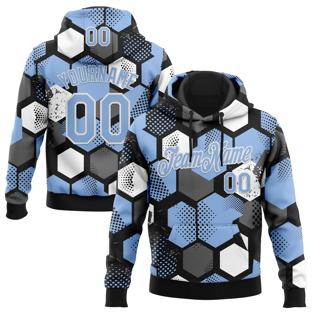 Custom Stitched Black Light Blue-White 3D Pattern Design Geometric Shape Sports Pullover Sweatshirt Hoodie