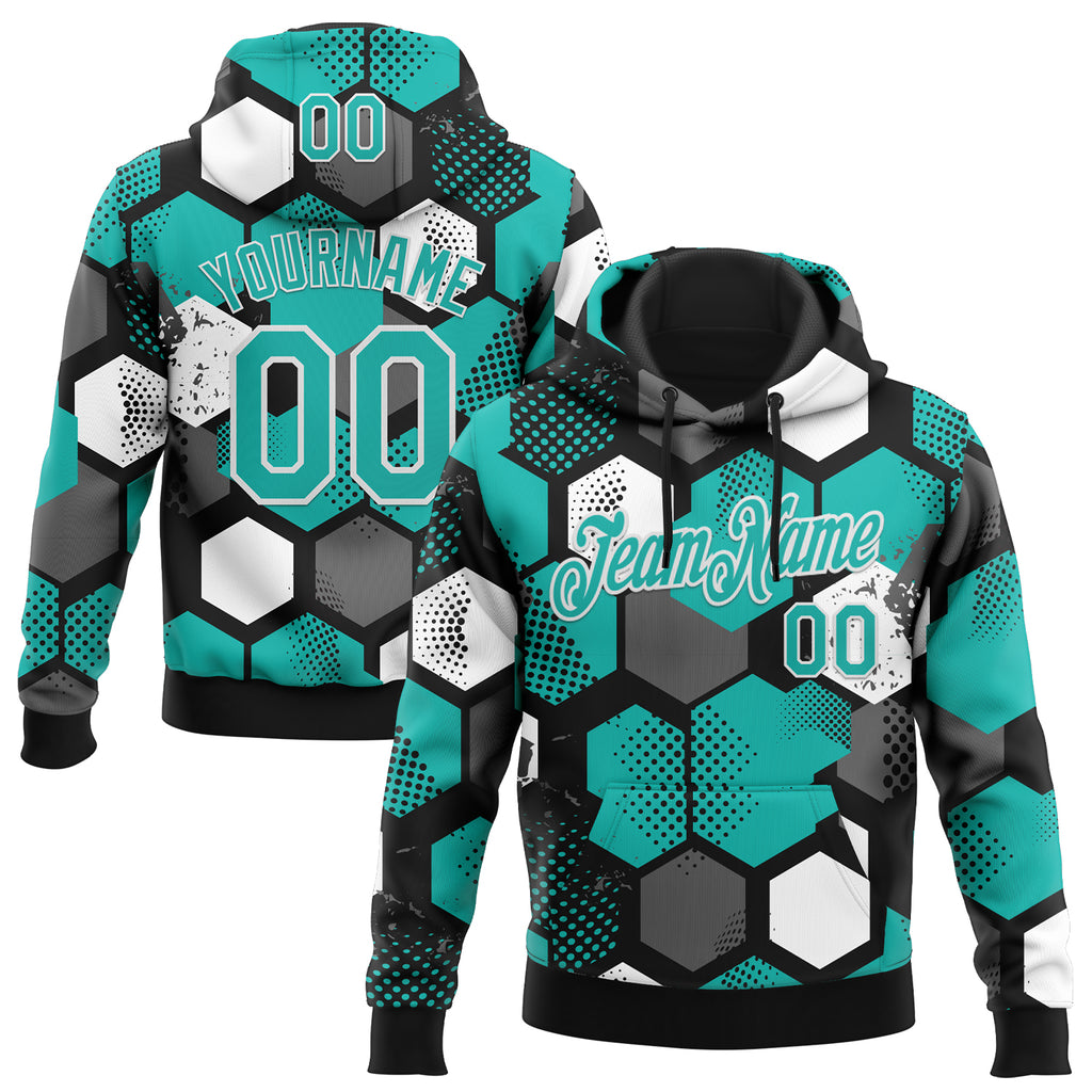 Custom Stitched Black Aqua-White 3D Pattern Design Geometric Shape Sports Pullover Sweatshirt Hoodie