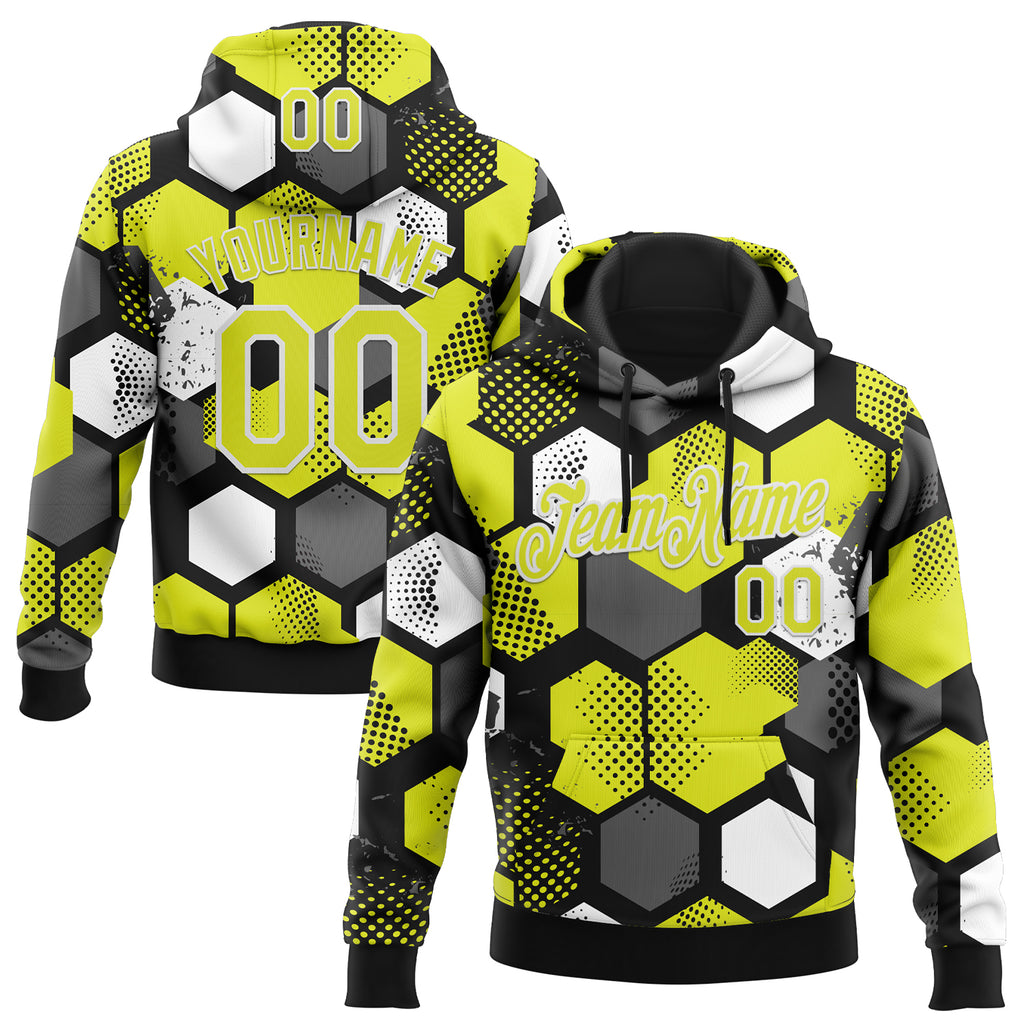 Custom Stitched Black Neon Yellow-White 3D Pattern Design Geometric Shape Sports Pullover Sweatshirt Hoodie