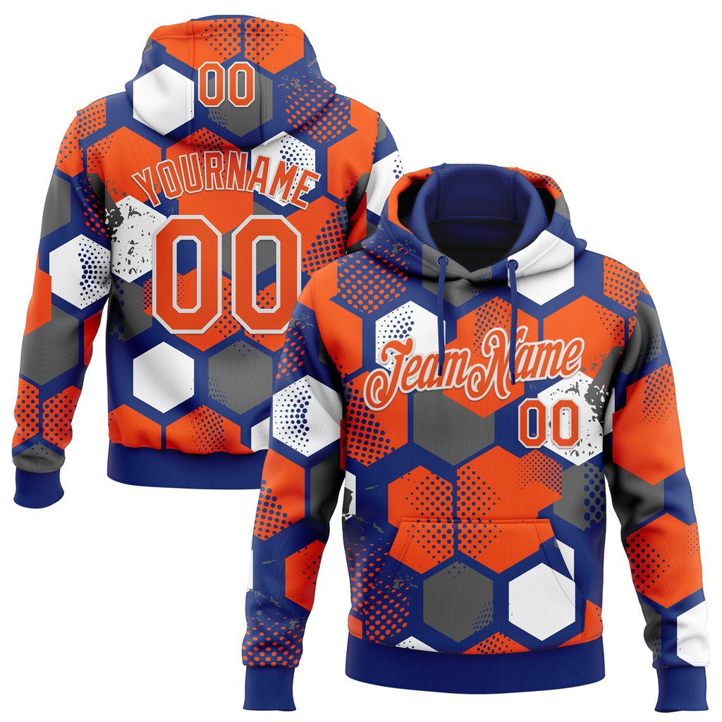 Custom Stitched Royal Orange-White 3D Pattern Design Geometric Shape Sports Pullover Sweatshirt Hoodie