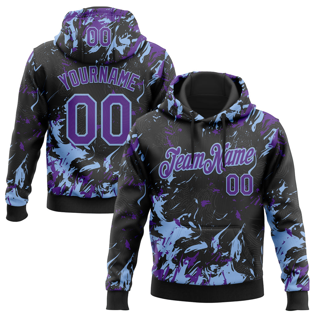 Custom Stitched Black Purple-Light Blue 3D Pattern Design Splash Sports Pullover Sweatshirt Hoodie