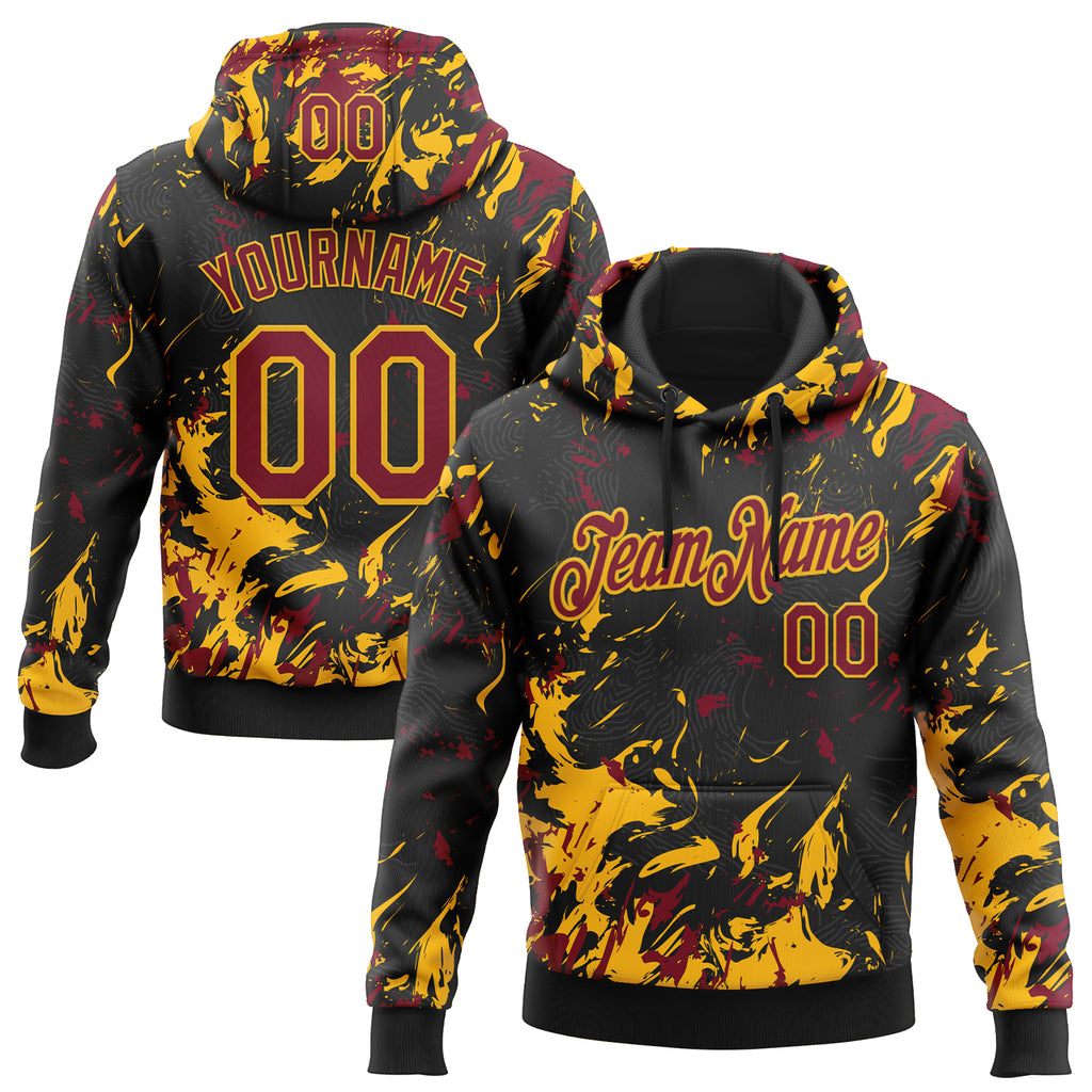 Custom Stitched Black Crimson-Gold 3D Pattern Design Splash Sports Pullover Sweatshirt Hoodie
